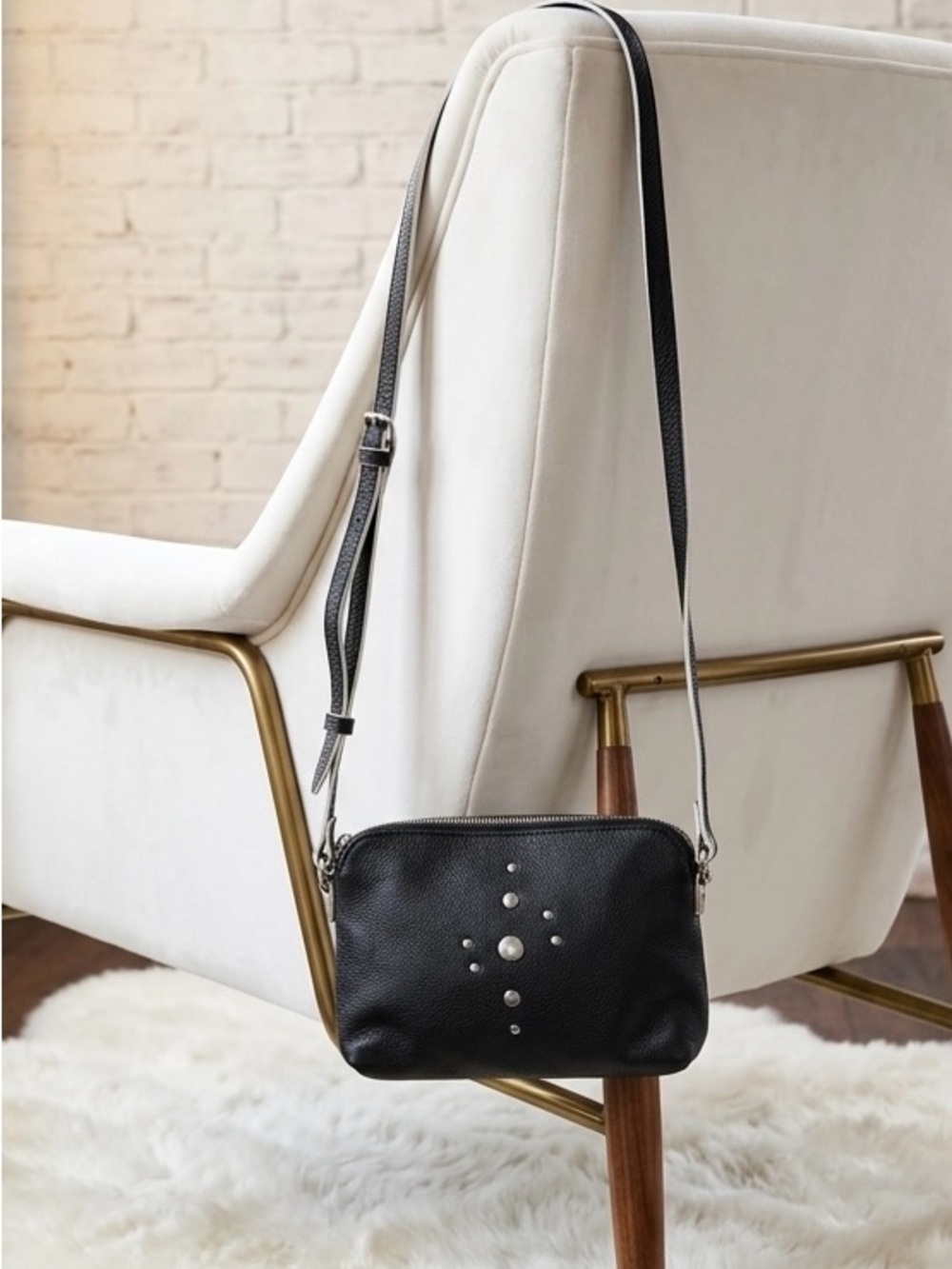 Ellington Black Leather Crossbody with Silver Stud Accents